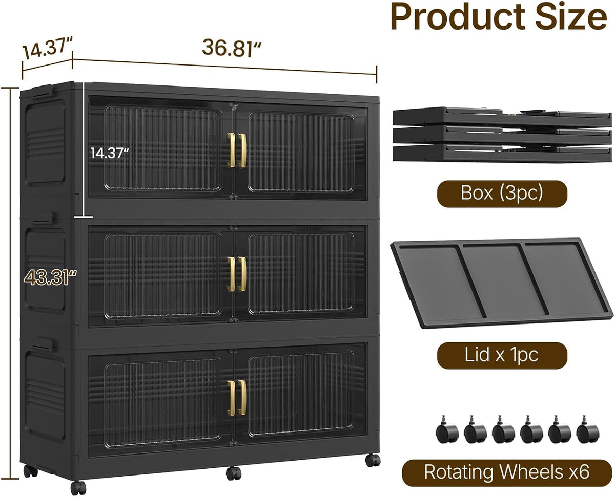 210Gal Extra Large Stackable Storage Bins with Lid, 840QT Foldable Collapsible Storage Box with Doors and Wheels, Plastic Closet Organizers Container Drawer for Bedroom Kitchen Garage, 3Pack