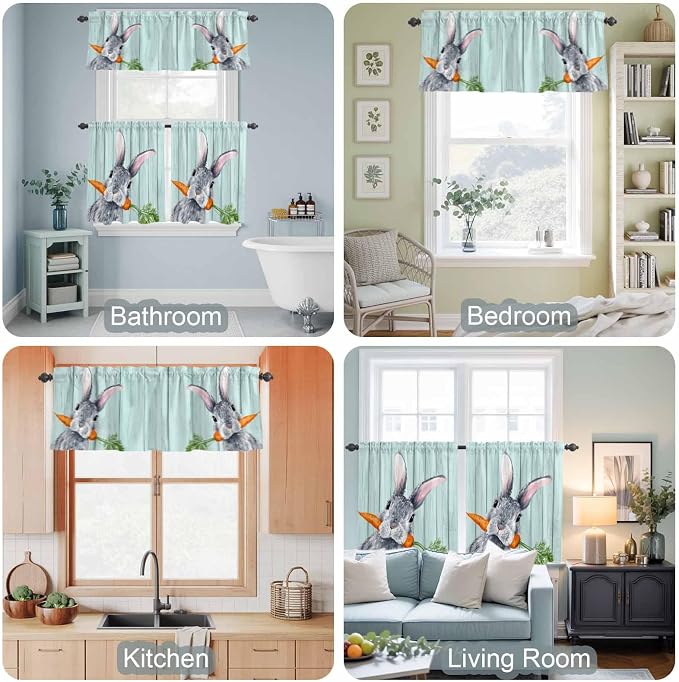 Easter Kitchen Curtain Set, Spring Rabbit Botanical Carrots Green Wooden Grain
