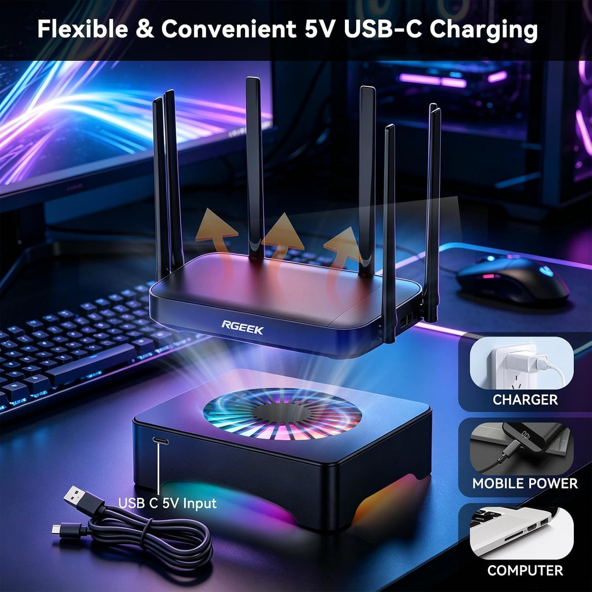 Quiet USB Computer Fan, RGB Mini PC Cooling Fan Base, with Speed Controller