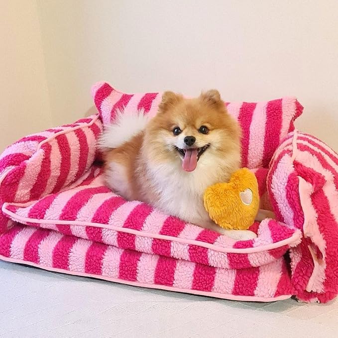 Lazy Holiday Plush Cozy Dog & Cat Sofa Bed, Teddy Velvet Dog Bed, Trendy Striped Faux Lambswool Double Layer Dog & Cat Sofa Bed Dogs Sleeping Mat for Medium Small Dogs & Cats (Beige,L)