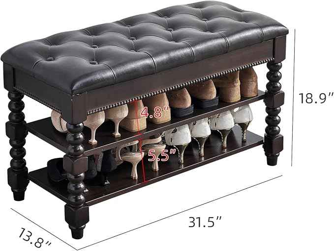 Shoe Storage Bench with Cushion, Entry Bench with Storage Solid Wood Shoe Bench