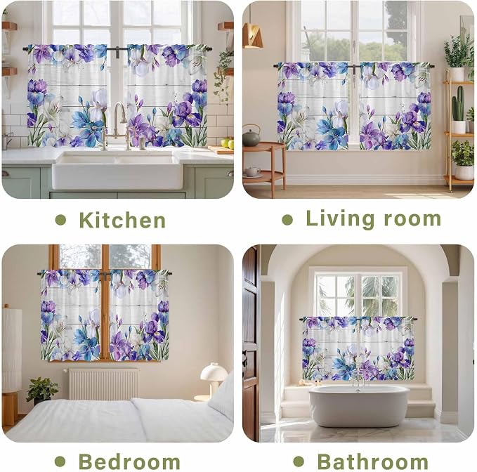 Spring Flowers Kitchen Curtains, Watercolor Garden Florals Wooden Grain Light