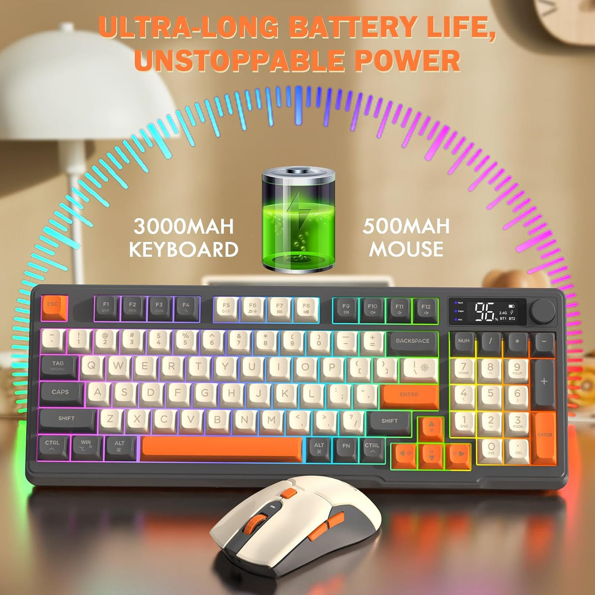 FREEWOLF T96 Smart Display Wireless Gaming Keyboard and Mouse Comb, 94Key LED Lighting Rechargeable Silent Membrane Keyboard with Knobs, 2000mAh Battery, 6-Button 4KDPI Mouse for Win/Mac(Glimmer)