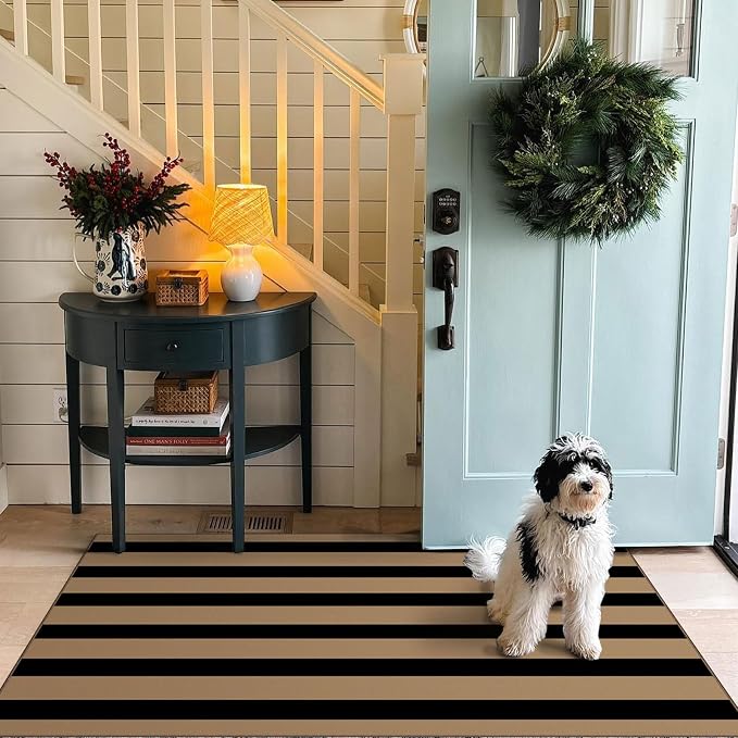 Black Tan Striped Entry Rug