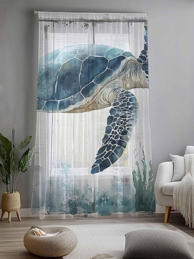Sheer Curtains 84 Inches Long, Sea Turtle Teal Blue Semi Sheer Curtains Light