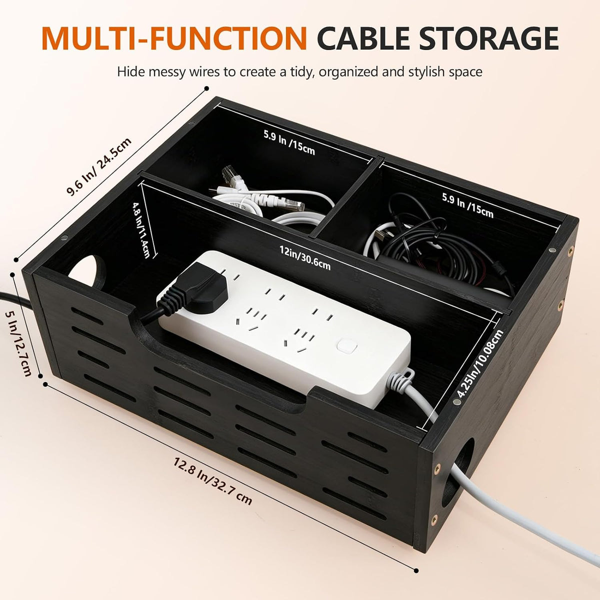 Wooden Cable Management Box - A Stylish Cable Storage Box, Suitable for Power sockets, USB Hiding, TV Cables, Desktop and Floor Cables - a Large Cable Storage Box for Management