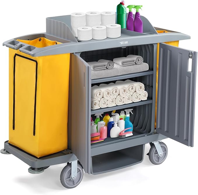 TUFFIOM Industrial Multifunctional Locking Hotel Cart, Commercial Traditional Cleaning Janitorial Room Service Housekeeping Cart, 51" H x 59" W x 20" D