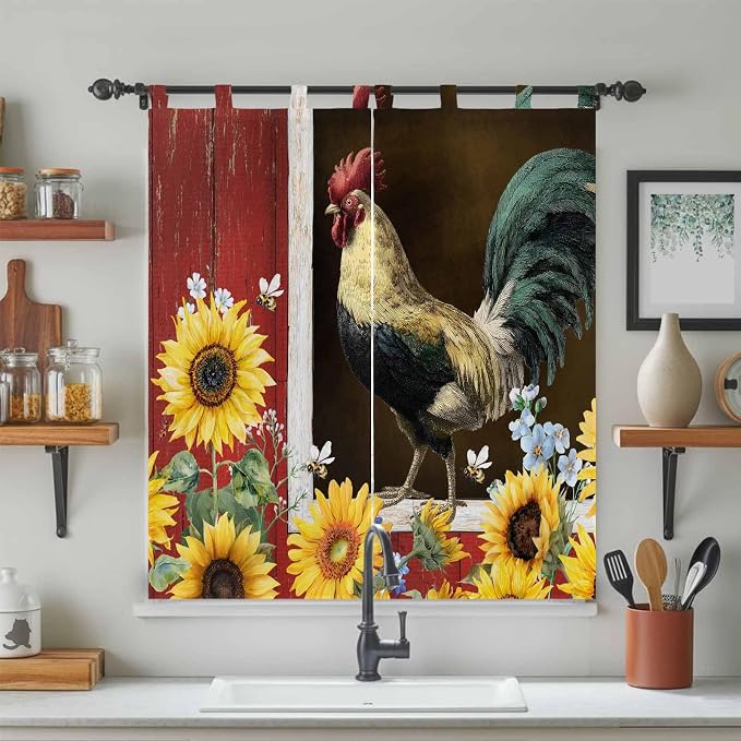 Chicken Sunflowers Bedroom Curtains 72 Inch Length, Window Curtains Tab Top