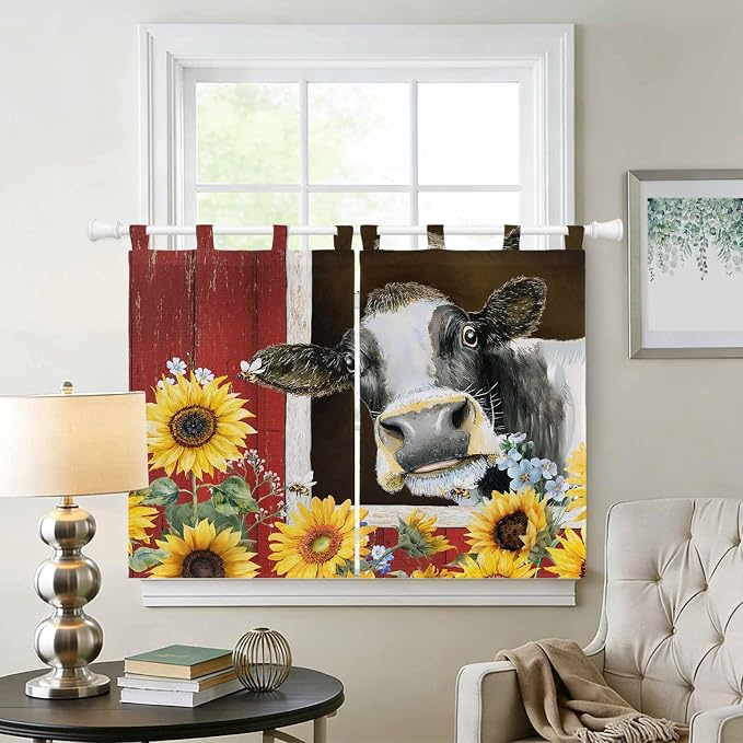 Cows Sunflowers Kitchen Curtains 45 Inch Length, Short Cafe Window Curtains Tab