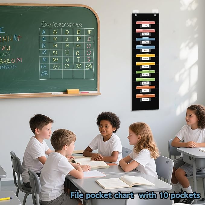 10 Pocket Hanging Wall File Organizer with 10 Nametag Pockets, File Pocket Chart for Classroom and Office. Perfectly Stores Assignments, Files, Scrapbooks, and Documents.