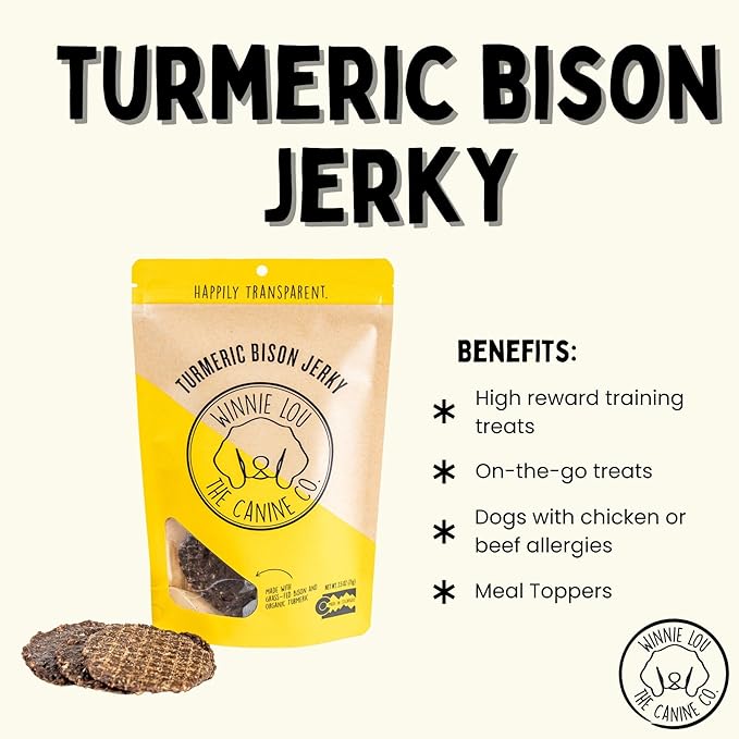Winnie Lou Turmeric Bison Jerky Dog Treats – Limited Ingredient, Human Grade, Training Treats for Small, Medium & Large Dogs, USA Made, High Protein, Chews, Hypoallergenic, Sensative Stomach (2 Pack)