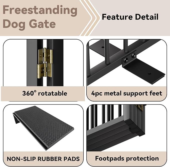Full Metal Freestanding Dog Gate with Door, 36''Height Foldable Pet Dog Fence for Indoor & Outdoor, 6 Panels Extra Wide Free Standing TallDog Gates for Doorways,House,Stairs,Porch,Deck,Yard