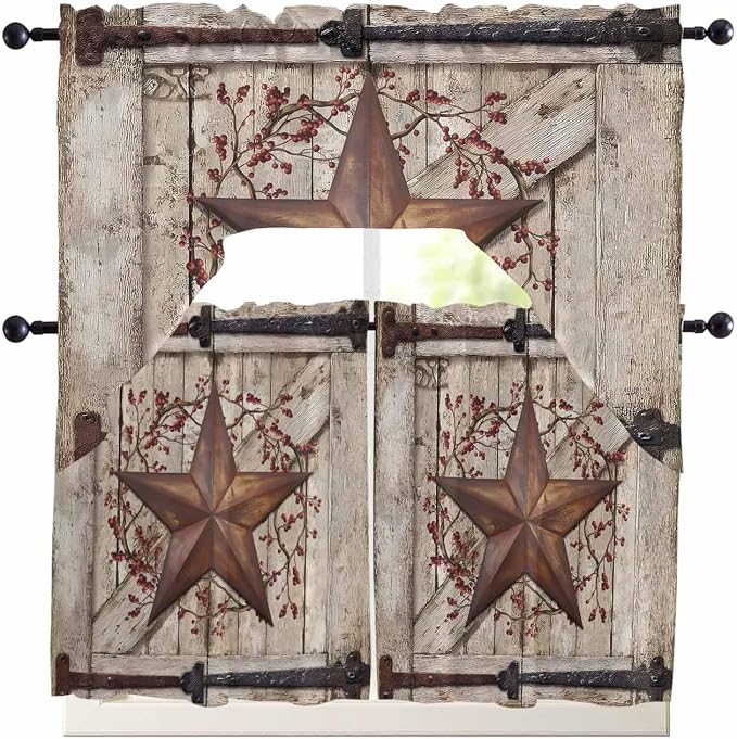 Country Star Swag Kitchen Curtains Valance and Tier Set, VintageRust Yellow