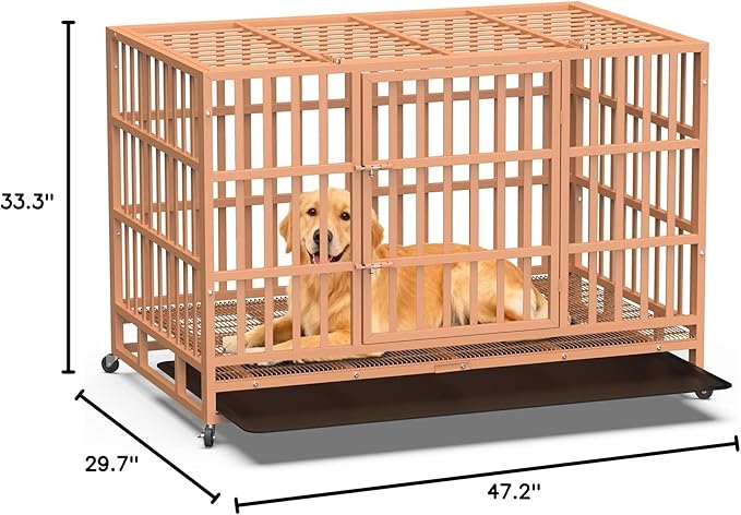 48 Inch Heavy Duty Dog Crate, Indestructible Escape-Proof Dog Kennel for High Anxiety Large Dogs, Strong Metal Pet Cage with Double Doors, Lockable Wheels & Removable Tray, XL XXL XXXL