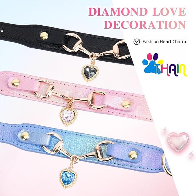THAIN Fashion Dog Collar with Bling Diamonds & Heart Charm – 5 Holes Adjustable PU Leather Rhinestones Necklace Collar, Gold Buckle for Small Medium Dogs Girl (Pink, S)