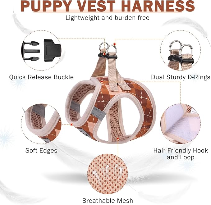 SCENEREAL Fall Thanksgiving Small Dog Harness and Leash Collar Set, Step in No Pull Plaid Puppy Harness for Small Dogs Outdoor Walking, Soft Mesh No Chock Reflective Vest Harness, Brown S
