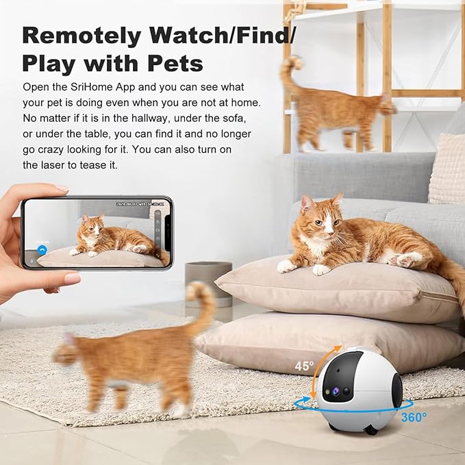 1080P HD Moving Pet Camera Two Way Audio Pet Camera 10000mAh Battery Pet Monitoring Camera Remote APP Control Camera with Night Vision Interactive Cat Camera Companion Robot