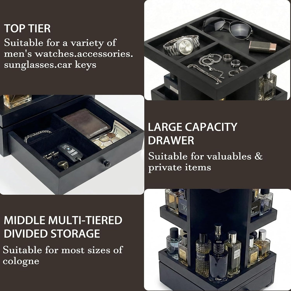 4-Tier Rotating Cologne Organizer for Men, Modern Black