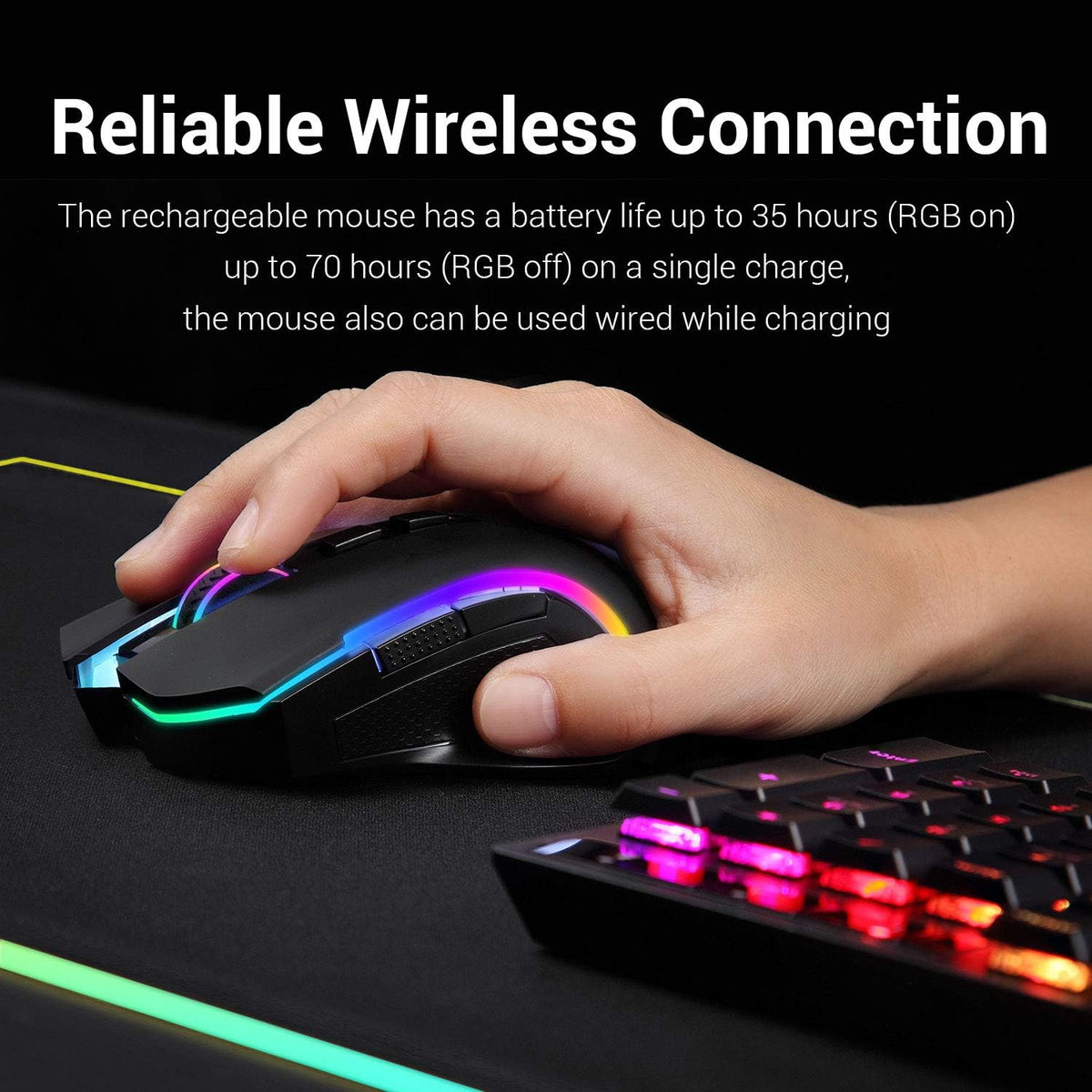 Redragon M602 Griffin RGB Gaming Mouse, Tri-Mode 2.4G/USB-C/Bluetooth Mouse Gaming, RGB Spectrum Backlit Ergonomic Mouse with 7 Programmable Backlight Modes up to 8000 DPI for Win PC Gamers (Wireless)