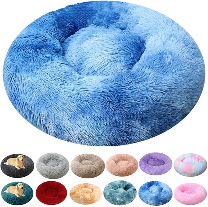 Dog Bed & Cat Bed for Small Medium Dogs, 27 Inch Calming Dogs Bed Anti-Anxiety Machine Washable Fluffy Luxury Anti-Slip Waterproof Pet Puppy Round Bed (Blue White)
