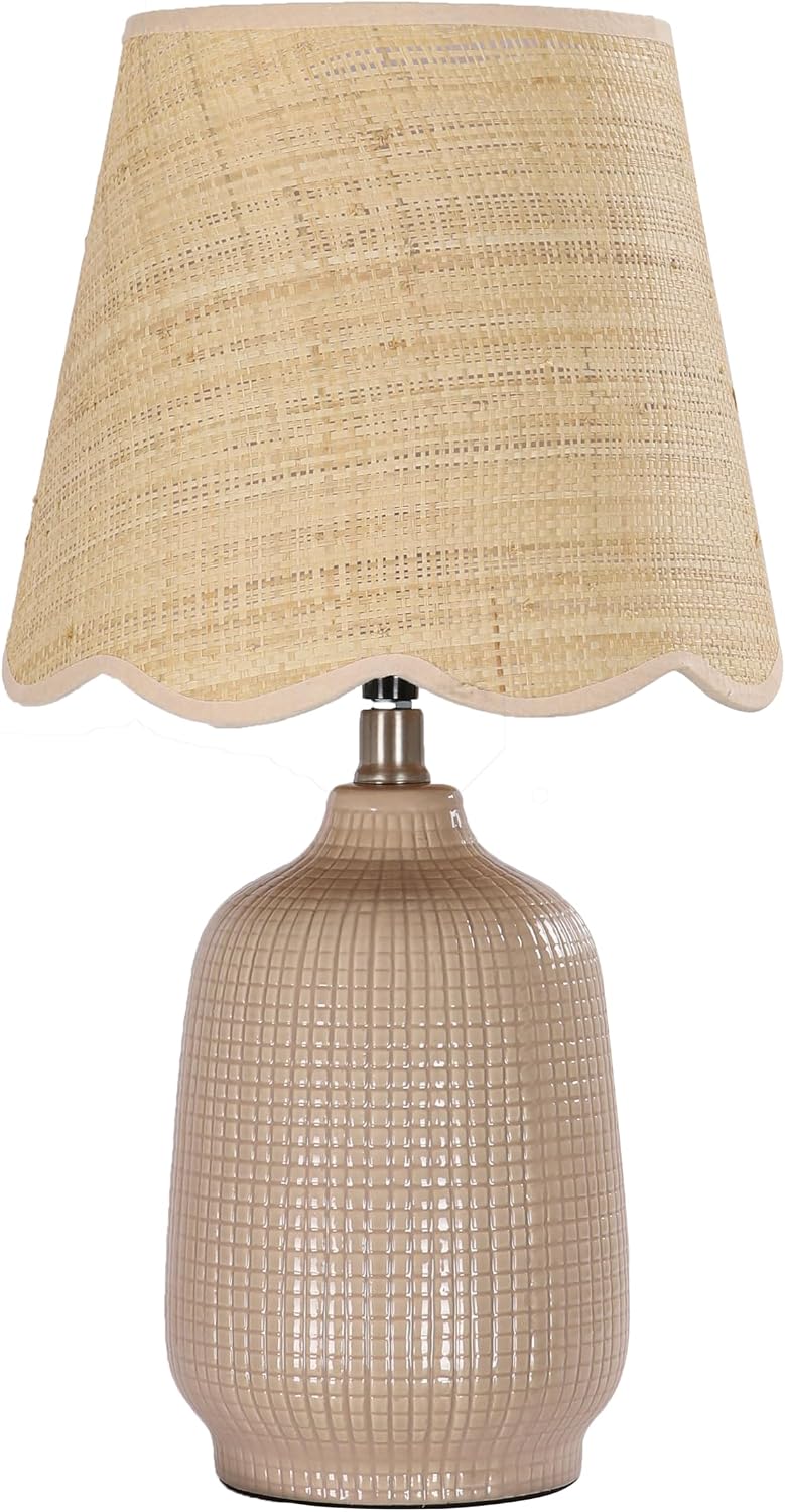 Pia Ricco 19" Modern Ceramic Table Lamp for Living Room Gray Camel Base Desk Lamps for Bedroom Farmhouse Bedside Nightstand Lamp End Table Lamps,Pink,Rattan Shade