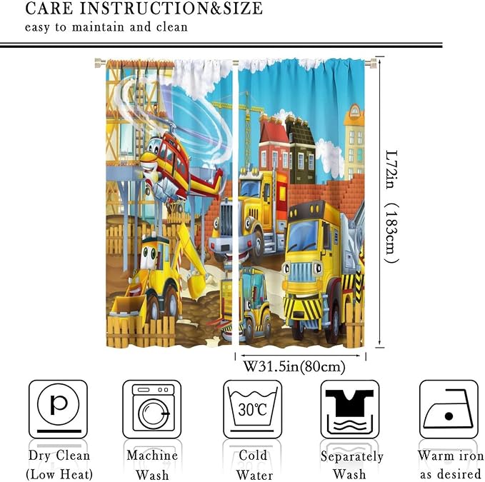 Kids Cartoon Construction Window Curtains, Funny Construction Site Cars and