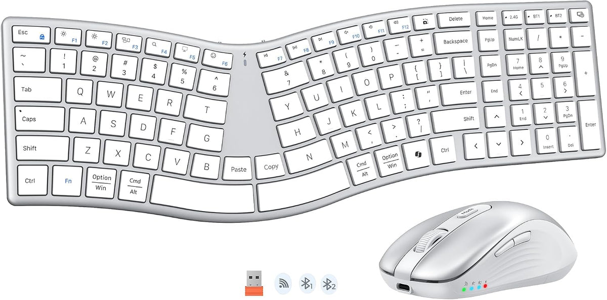 MEETION Wireless Ergonomic Keyboard and Mouse, Split S-Curve Design, White