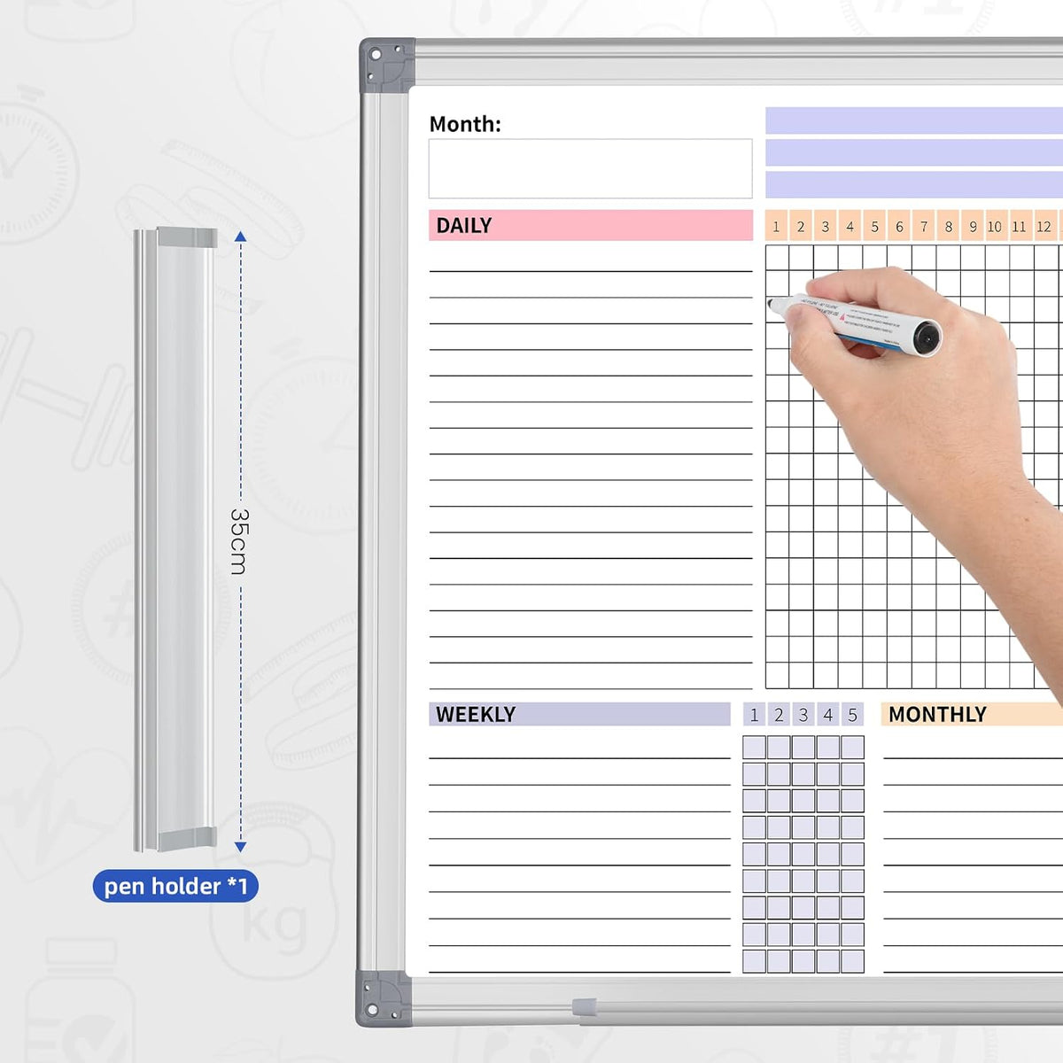 Habit Tracker Dry Erase Whiteboard with Silver Aluminium Frame for Wall 24" x 18"Hanging Removable Daily Weekly and Monthly Goal and Habit Tracker Motivational Goal & Planner Journal