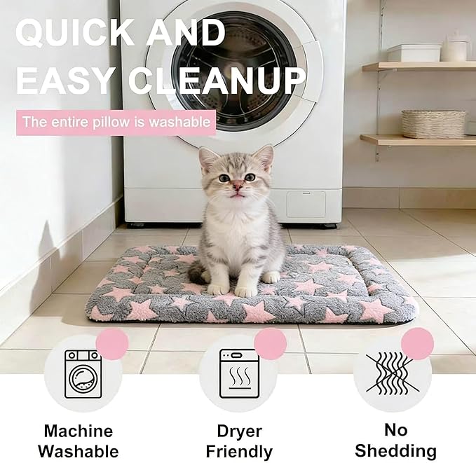Dog Bed Mat - Reversible Dog Crate Bed Mats, Soft & Breathable Kennel Pad, Durable Crate Bed for Small Dogs & Cats (Pink&Gray Stars, L(35"*23"*1.2"))