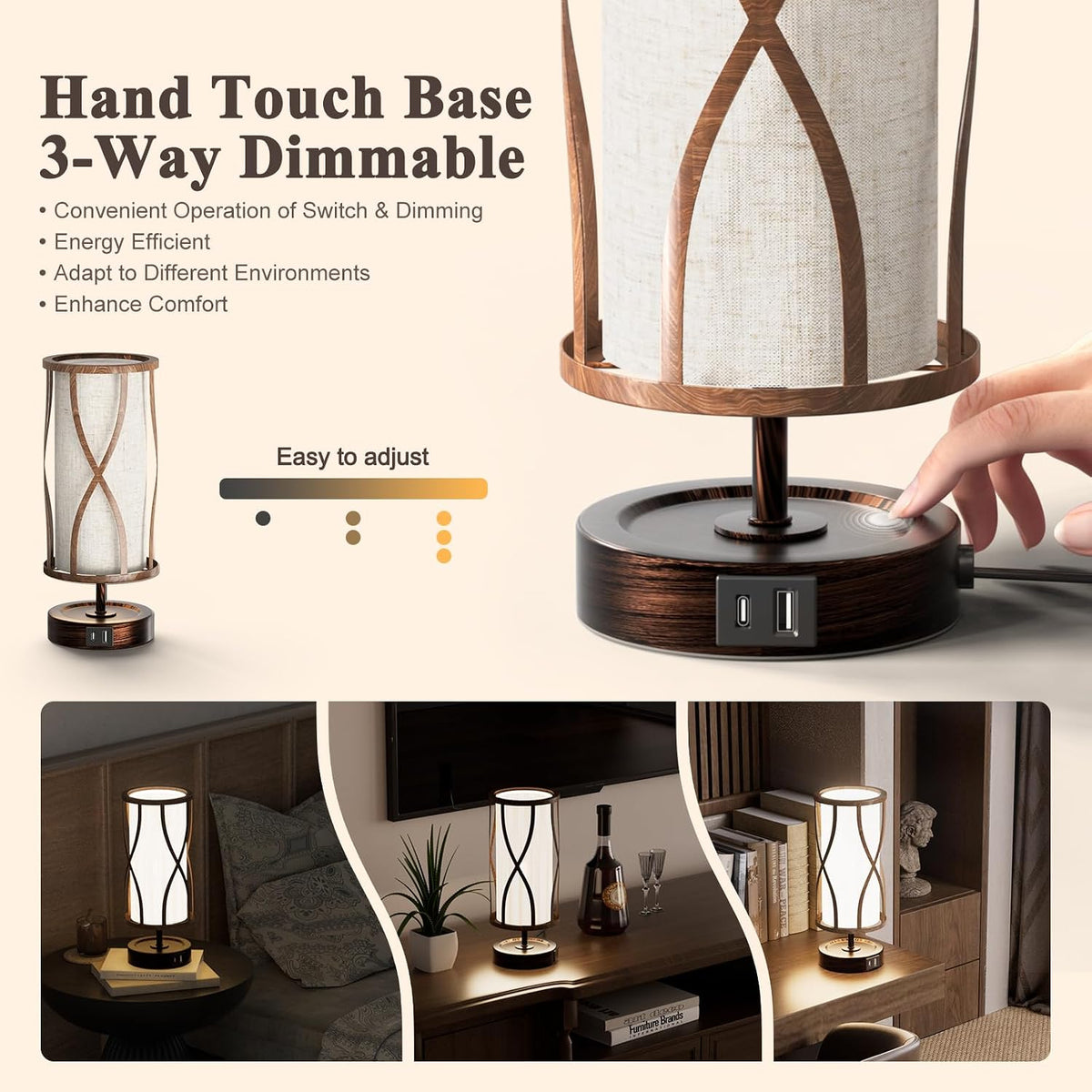 N10-2 Farmhouse Table Lamp Dimmable Touch Control Plug in Lamps Linen Rustic Desk Lamp IImitation Wood Metal Base Vintage Nightstand Table Lamp with USB Port for Bedroom Bedside (Bulb Included)