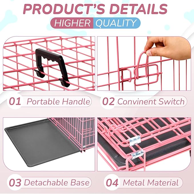 48 Inch Dog Crate Dog Kennels Folding Mental Wire Crates Dog Crates for Large Dogs Cage Outdoor Indoor Pet XL Dog Crate with Double-Door,Divider Panel, Removable Tray,Pink