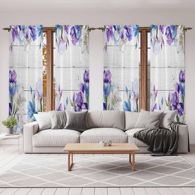 Spring Flowers Kitchen Curtains, Watercolor Garden Florals Wooden Grain Light