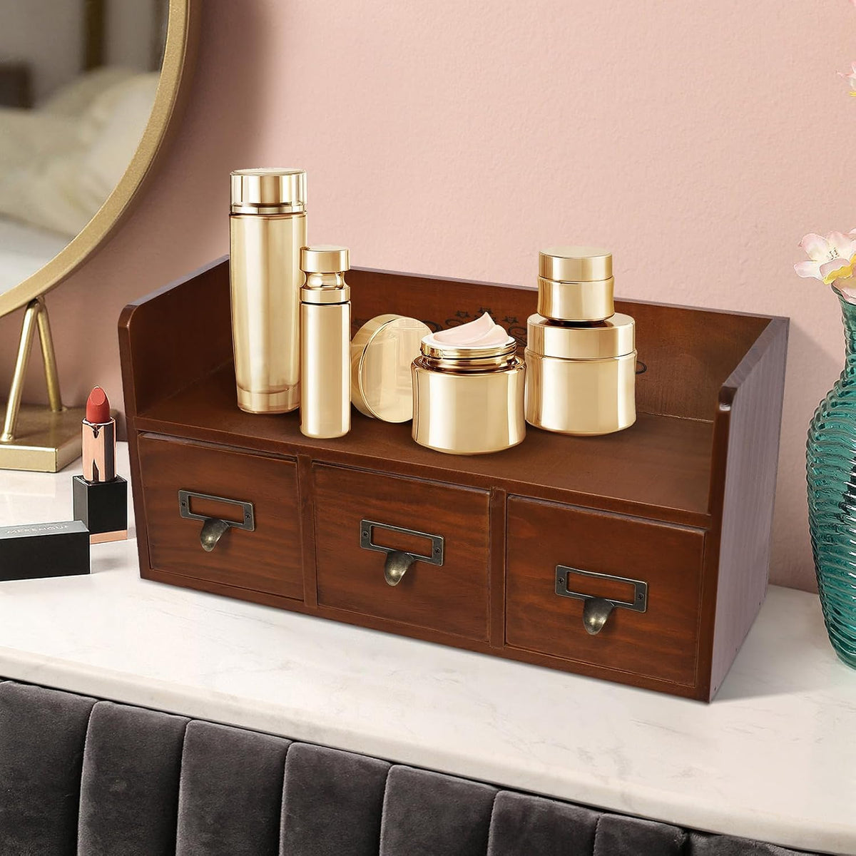 Desk Organizer with 3 Drawers, Wooden Apothecary Cabinet Desktop Storage Shelf File Holder with Label Boxes, Makeup Organizer Filing Case for Office Bedroom Home, L15.2*W5.7*H7.3in