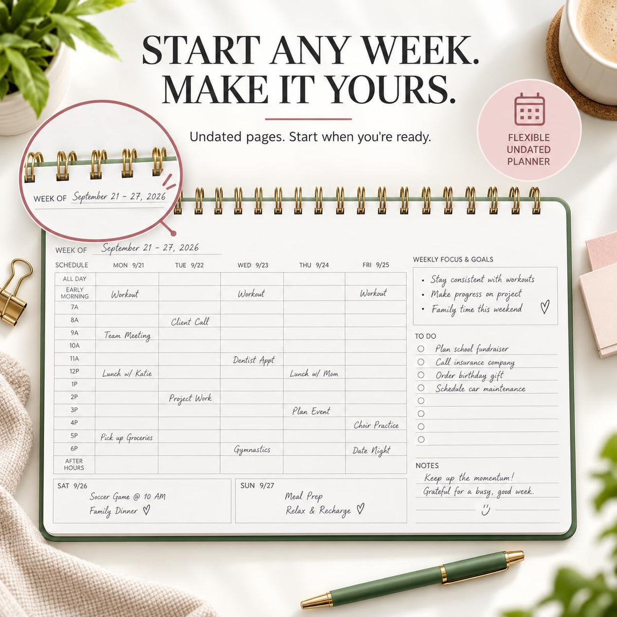 Undated Weekly Schedule, Hourly Spiral Work Planner Notebook