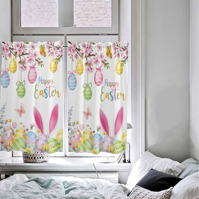 Happy Easter Kitchen Curtains 45 Inches length, Spring Watercolor Bunny Eggs