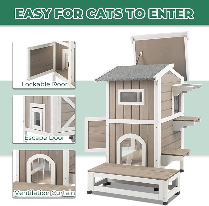 Outdoor Cat House Weatherproof, Wood Two Story Cat House with Openable Roof, 4 Doors, Balcony, Outside Indoor Pet House Feral Cats Shelter with Jumping Platforms for Small Animals, Grey