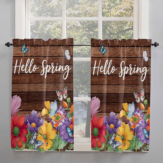 Spring Flowers Kitchen Curtains 45 Inches length, Watercolor Farmhouse Colorful