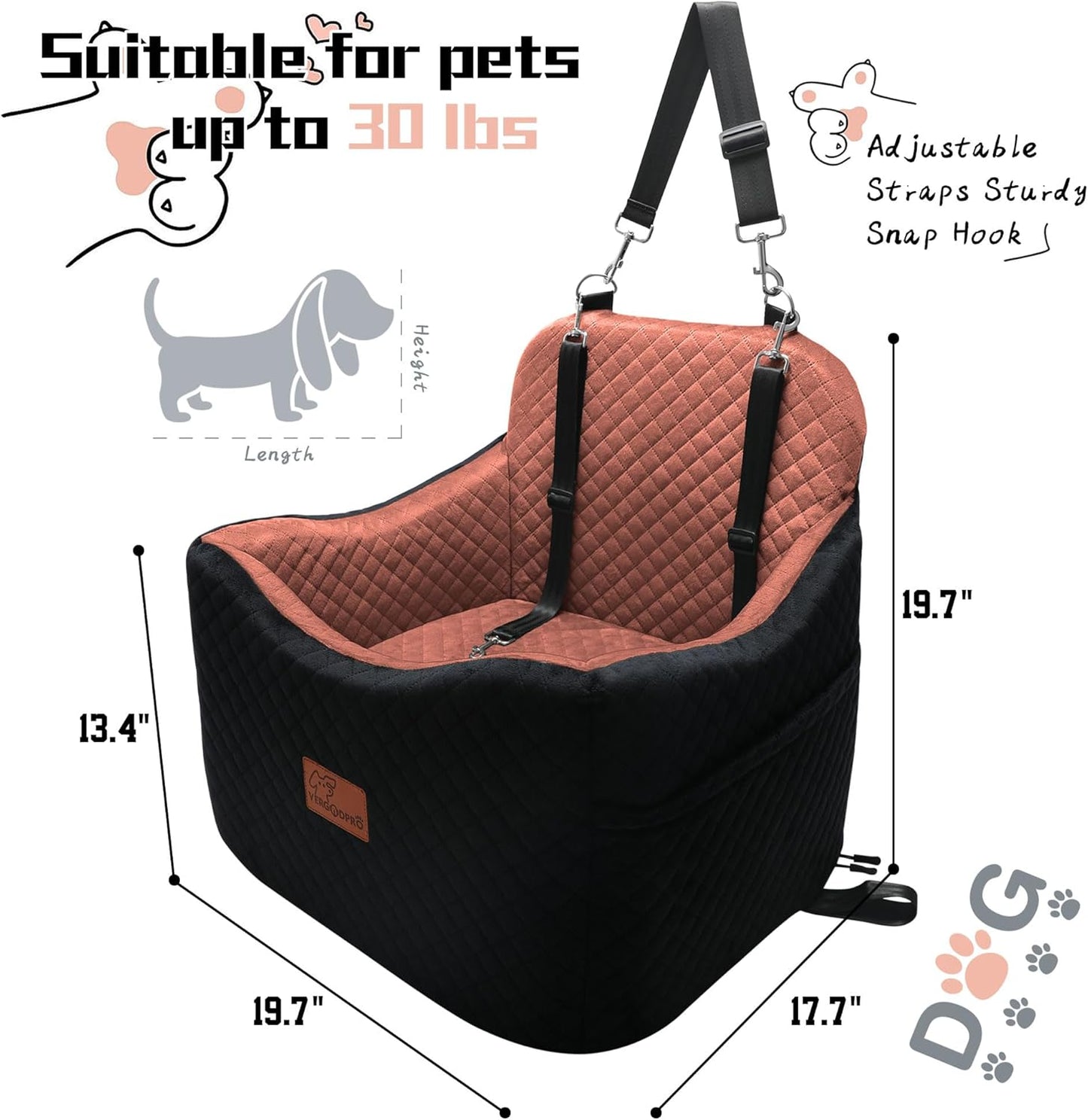 Dog Car Seat for Small/Medium Dogs,Pet Booster Seat with Harness,Memory Foam and Velvet,Safety Comfy Car Travel Pets Carrier,Interior Elevate,Washable and Detachable,Storage Pocket.(H-Black/Brown)