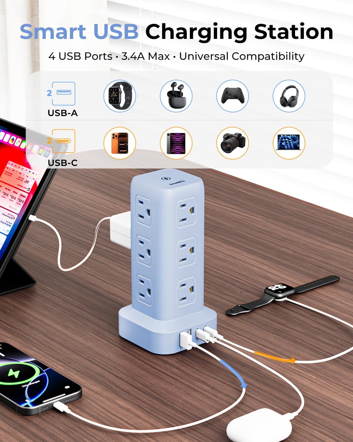 Blue Power Strip with 12 Outlets 4 USB (1 USB C), 6.5Feet Extension Cord with Multiple Outlets, Charging Station, Power Strip Tower, Home Office Desk Supplies