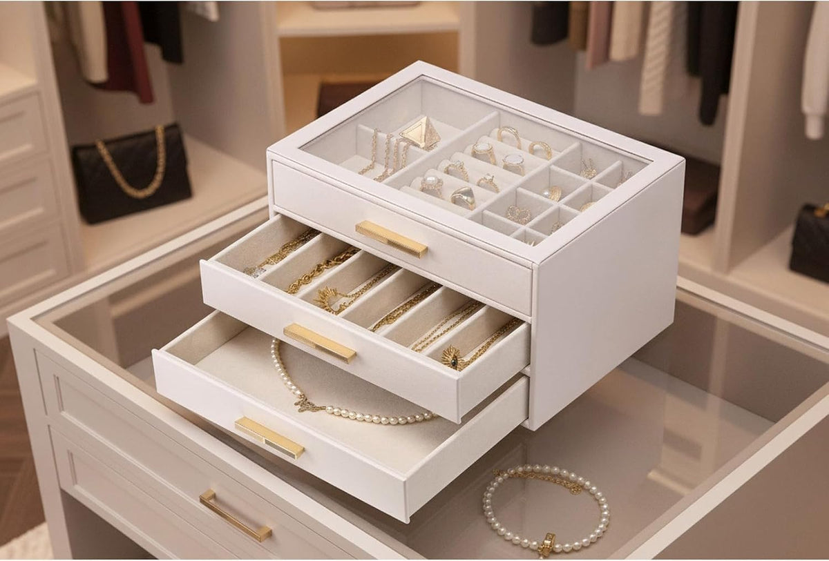 Vlando 3-Drawer Jewelry Box Organizer with Glass Lid, Pink Beige