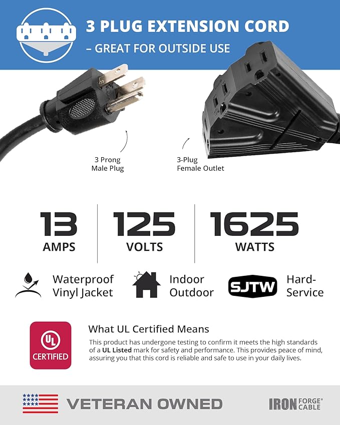 Iron Forge Cable 75 Ft Black Extension Cord with 3 Outlets - 16/3 SJTW 75 Foot Extension Cord 3 Prong, Weatherproof Exterior Power Cable for Outdoor