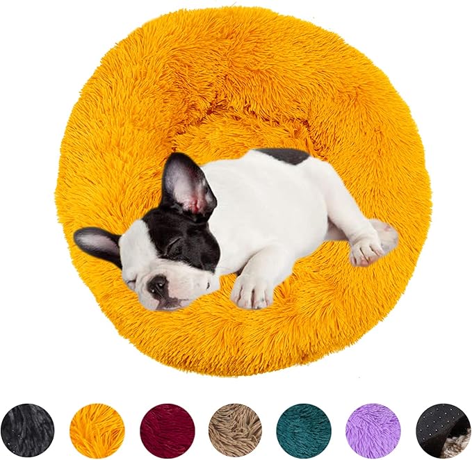 huraty Pet Dog Bed Plush Calming Bed, Fluffy Donut Round Pet Beds for Small Medium Large Dogs Cats, Anti-Slip & Anti-Anxiety, 28 Inch for Puppy and Kitties, Gold, L