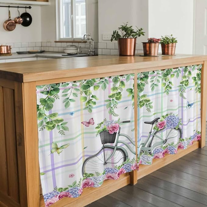 Spring Tier Curtains, Bicycles Botanical Leaves Rose Colorful Stripes Light