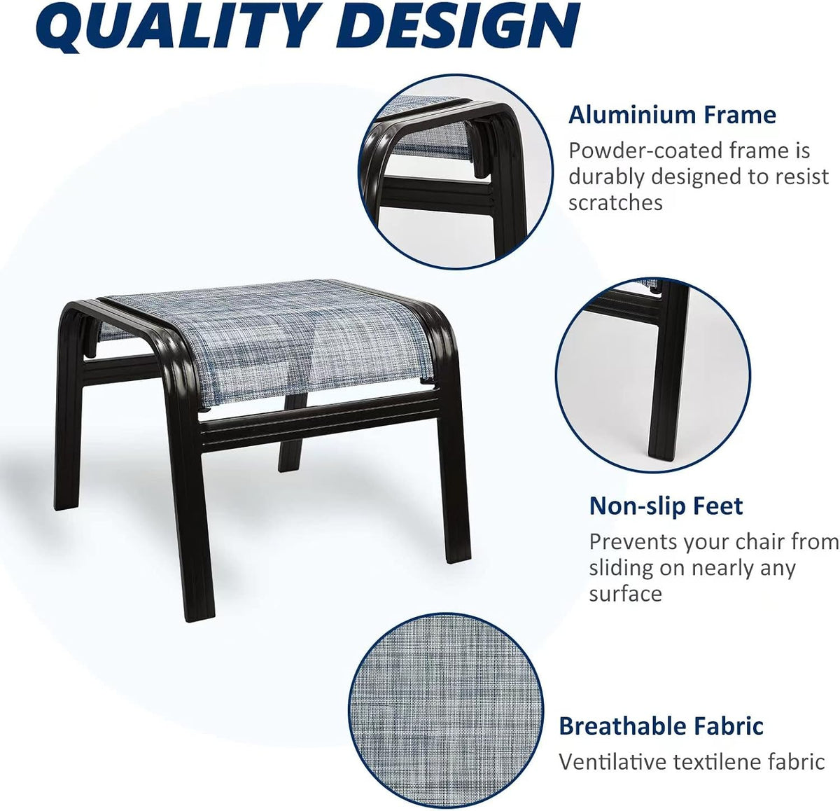 Outdoor Footstools for Patio,Textile Ottomans Metal Dining Footrests Stack Chairs for Lawn,Garden or Porch 2 Set Blue