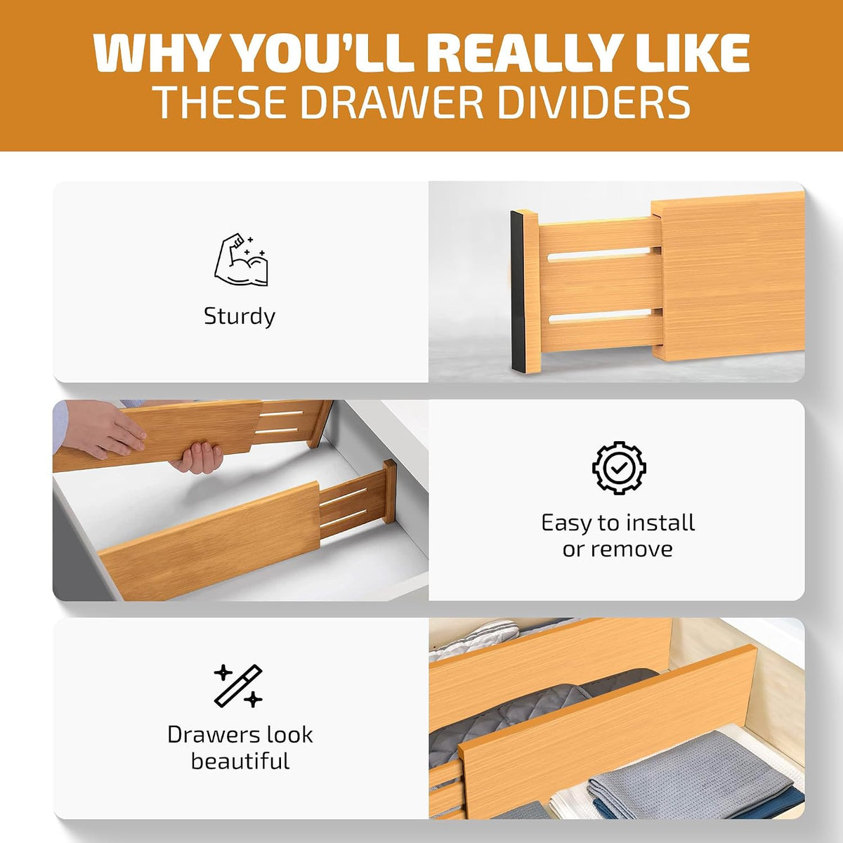 6-Pack Deep Drawer Dividers 4-Inch High Dresser Drawer Organizer, Bamboo