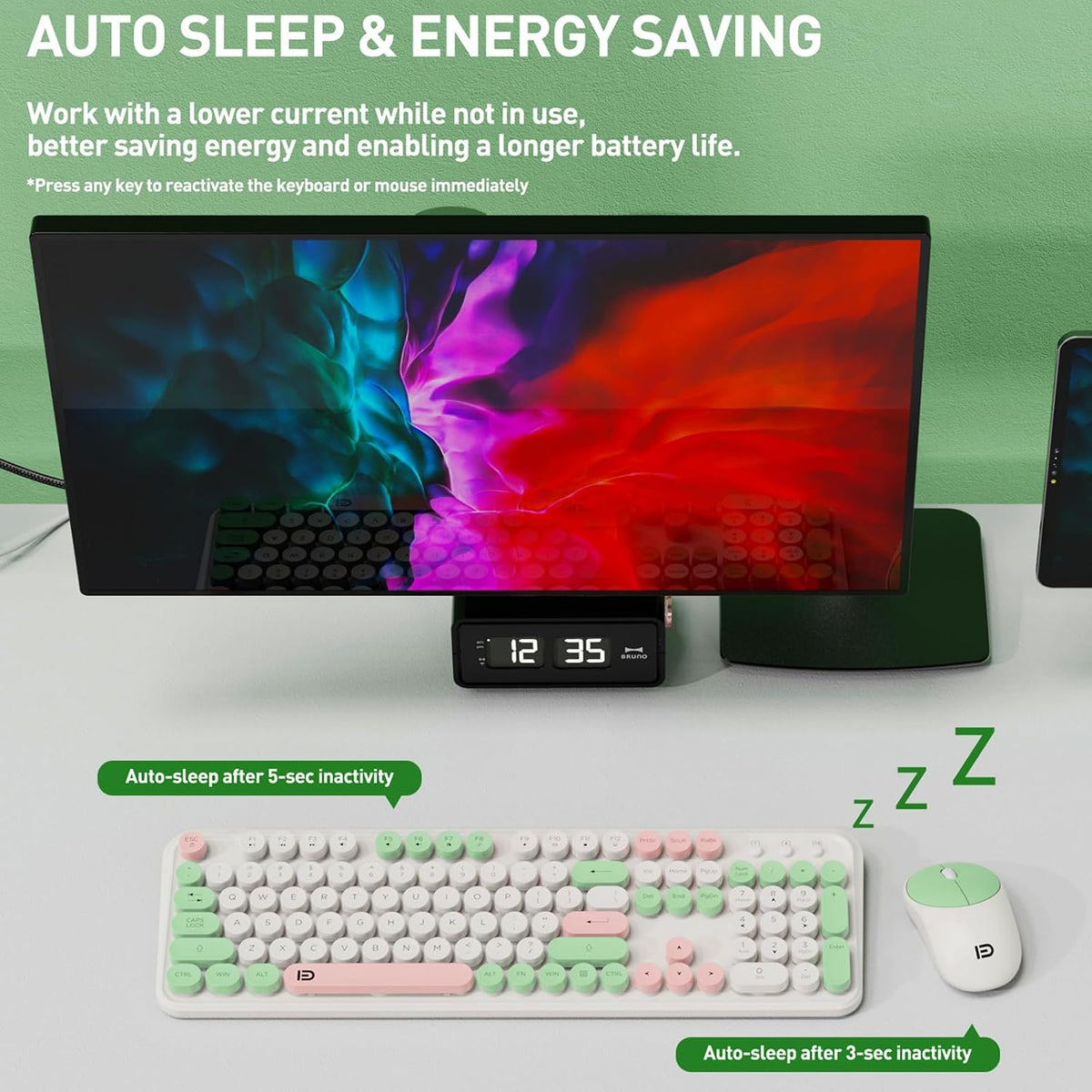 FD 2.4GHz Wireless Keyboard and Mouse Set with Switch Button - Full-Size Keyboard - Compatible for Windows/Laptop/PC/Notebook/Smart TV and More - Milky White Green Colorful
