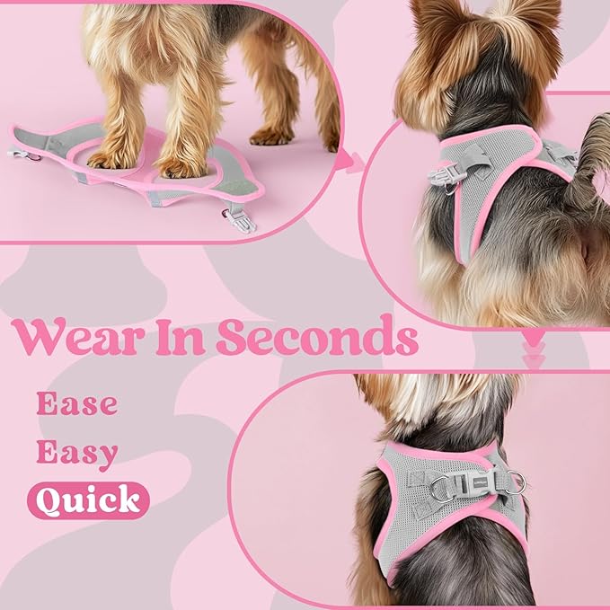 rabbitgoo Small Dog Harness, Step-in Soft Mesh Puppy Vest with Safety Buckle, Breathable Reflective Pet Harness for Small Sized Dogs, Pink & Gray M
