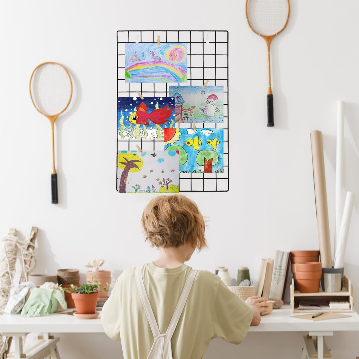 2 Pack Large Wall Grid Panels with Light and Clips, Photo Display Board, Picture Frame Collage Board, Wire Grid Wall Panel Room Decoration,Black