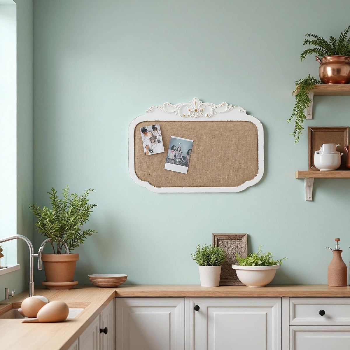 SOFE 17x24 Rustic Fabric Pin Board, Distressed White Frame Bulletin Board