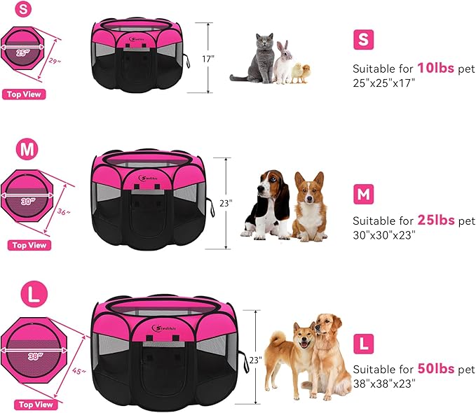 Dog Cat Playpen, Large Puppy Pet Playpen, Dog Crate Tent Cage Indoor/Outdoor, Portable Pop Up Dogs Kennel Playpen with Carrying Case for Dogs/Cats/Rabbits, Hot Pink